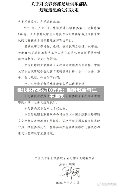 湖北银行被罚10万元：服务收费管理不规范