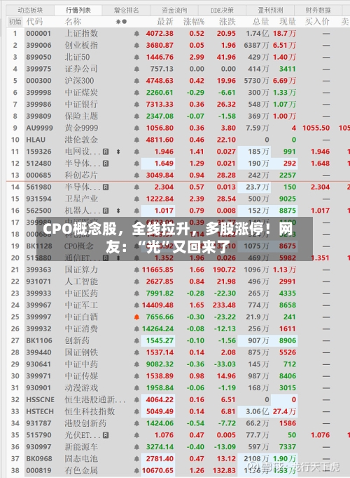 CPO概念股，全线拉升，多股涨停！网友：“光”又回来了