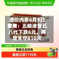 酒价内参6月9日费用发布：五粮液普五八代下跌6元，再度失守810元
